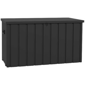 Outsunny Gartenbox Auflagenbox 450L Aufbewahrungsbox Truhe mit Rollen, Aufbewahrungskiste mit Gasdruckfedern, für Garten, Balkon, Stahl, Dunkelgrau