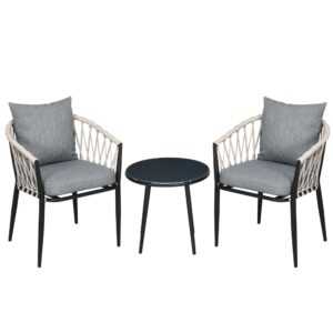 Outsunny Gartenmöbel Set für 2 Personen inkl. 1 Tisch, 2 Stühlen mit Sitzkissen, Balkon-Set, Stahl, Grau