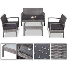 Polyrattan Gartenmöbel mit Bank Tisch 2 Stühle inkl. Auflagen Sicherheitsglas Wetterfest Modern Outdoor Terrasse Balkon Möbel Lounge Set Grau