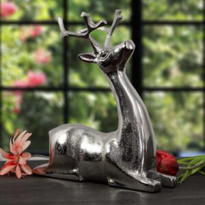 Reh Skulptur, Liegend, Silber, Aluminiumfigur, Tiere, Tierfiguren, Dekoration