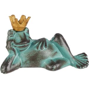 Relaxdays - 1 x Gartenfigur Froschkönig, wetterfest, liegender Frosch, mit Krone, Dekofigur, Balkon, Gusseisen, Größe l, grün