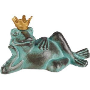 Relaxdays - 1 x Gartenfigur Froschkönig, wetterfest, liegender Frosch, mit Krone, Dekofigur, Balkon, Gusseisen, Größe s, grün