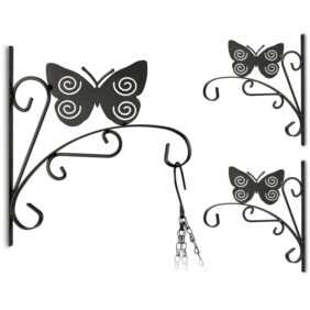 Relaxdays - 3x Blumenhaken mit Schmetterling-Motiv, Blumenampelhalter für Wand, Metall Garten-Deko, hbt: 30 x 27,5 x 2cm, schwarz