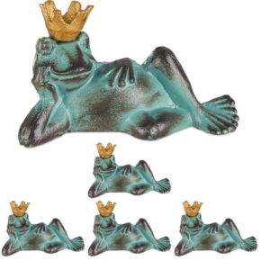 Relaxdays - 5 x Gartenfigur Froschkönig, wetterfest, liegender Frosch, mit Krone, Dekofigur, Balkon, Gusseisen, Größe l, grün
