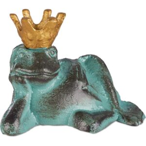 Relaxdays - Gartenfigur Froschkönig, wetterfest, liegender Frosch, mit Krone, Dekofigur, Balkon, Gusseisen, Größe m, grün