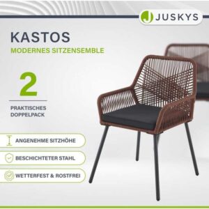 Rope Gartenstühle Kastos 2er Set - Outdoor Stuhl mit Armlehne & Kissen - Gartenstuhl 150 kg belastbar - Garten Balkon - Stühle Braun - Juskys
