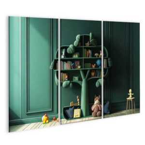 islandburner Leinwandbild Innenraum mit baumförmigem Kinderbuchregal in Pastellgrün, kreatives A