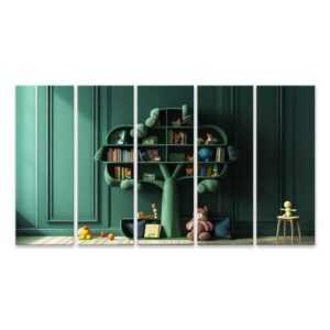 islandburner Leinwandbild Innenraum mit baumförmigem Kinderbuchregal in Pastellgrün, kreatives A