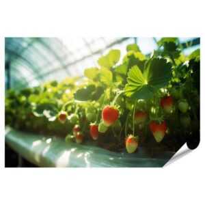 islandburner Poster Bio-Landwirtschaftskonzept: Frische Erdbeerreihen aus Gewächshäusern K