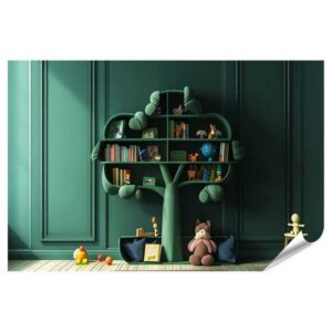 islandburner Poster Innenraum mit baumförmigem Kinderbuchregal in Pastellgrün, kreatives A