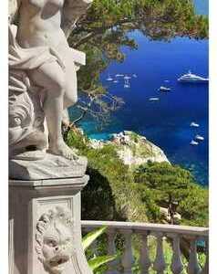 wandmotiv24 Türtapete Statue auf Balkon, Blick aufs Meer, Baum, strukturiert, Fototapete, Wandtapete, Motivtapete, matt, selbstklebende Vinyltapete